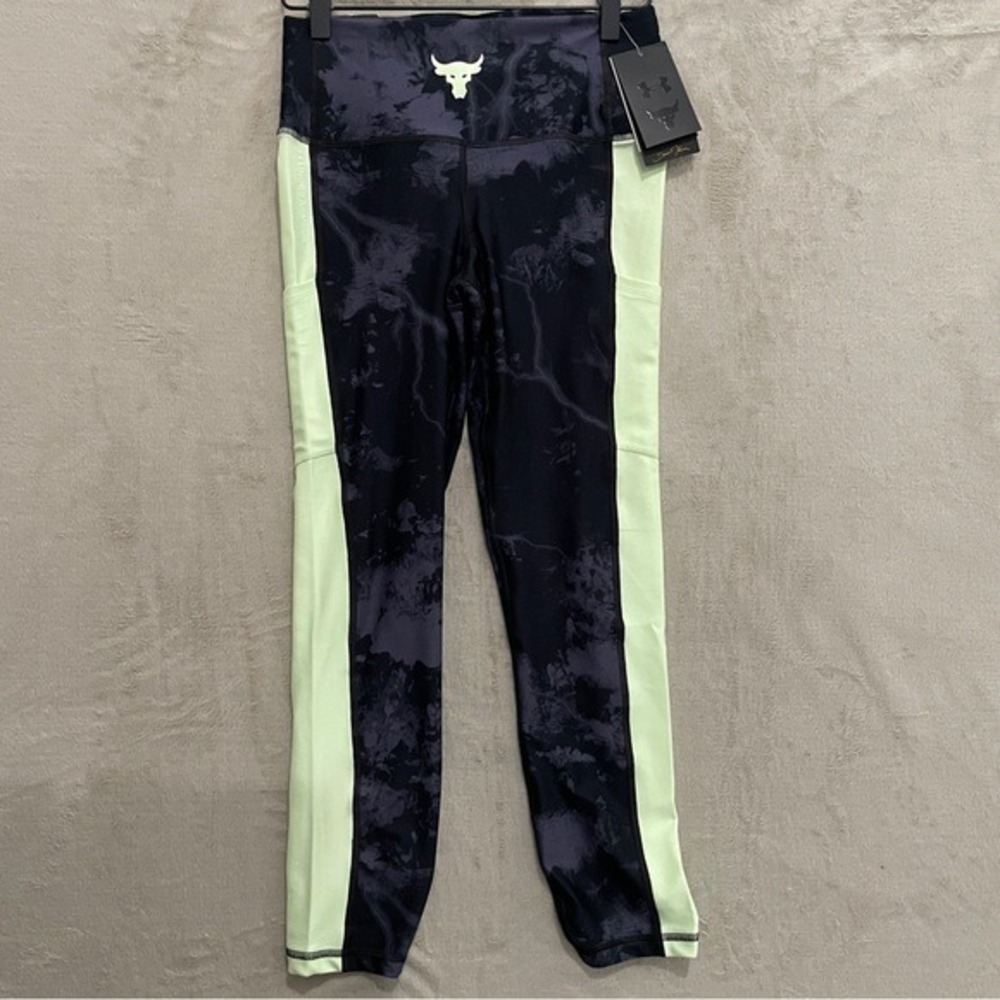 NEW Under Armour Project Rock HeatGear Ankle Leggings Black‎ Lime Marble Size M